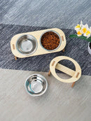 Cat And Dog Feeding Bowls Anti-tip Bowls Stainless Steel Pet Bowls With Wooden Supports Neck Protection Design 2 In 1 Water Bowl