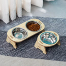 Cat And Dog Feeding Bowls Anti-tip Bowls Stainless Steel Pet Bowls With Wooden Supports Neck Protection Design 2 In 1 Water Bowl