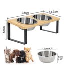 Raised Cat Bowls Pet Feeder 15° Tilted Elevated Cat Food Bowls with Wooden Stand 2 Stainless Steel Bowls for Cats and Puppies