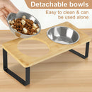 Raised Cat Bowls Pet Feeder 15° Tilted Elevated Cat Food Bowls with Wooden Stand 2 Stainless Steel Bowls for Cats and Puppies