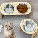 Cat And Dog Feeding Bowls Anti-tip Bowls Stainless Steel Pet Bowls With Wooden Supports Neck Protection Design 2 In 1 Water Bowl